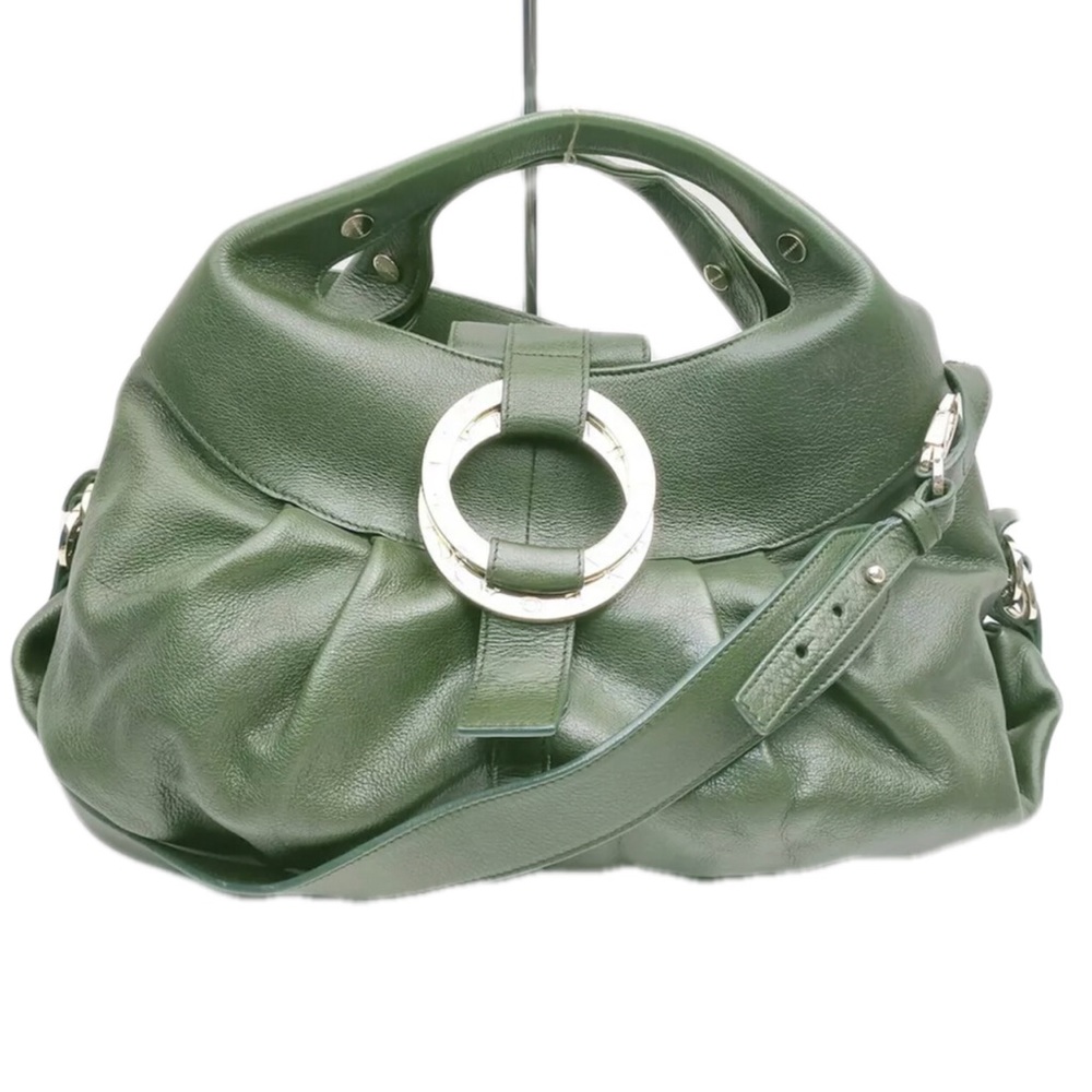 Authentic Bvlgari Chandra Dark Green Leather Hobo Shoulder Bag w/Dust Bag